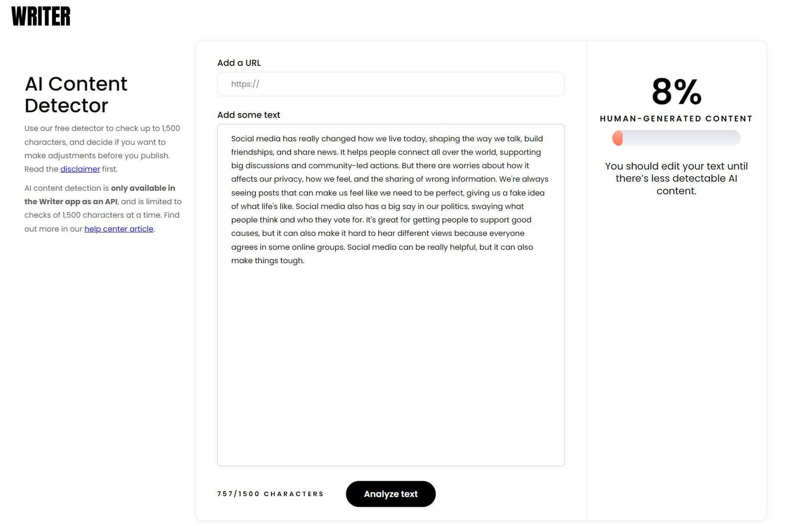 Writer.com detect text from Netus AI humanizer