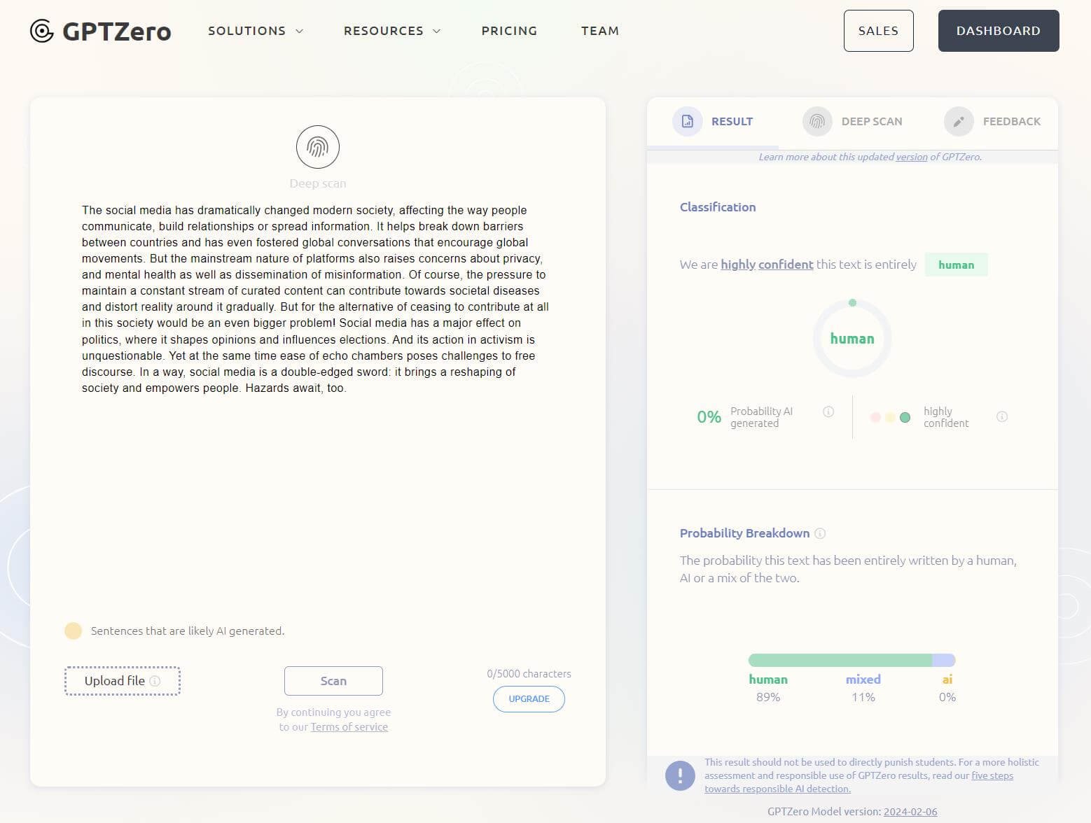 GPTZero detect text from BypassGPT AI humanizer