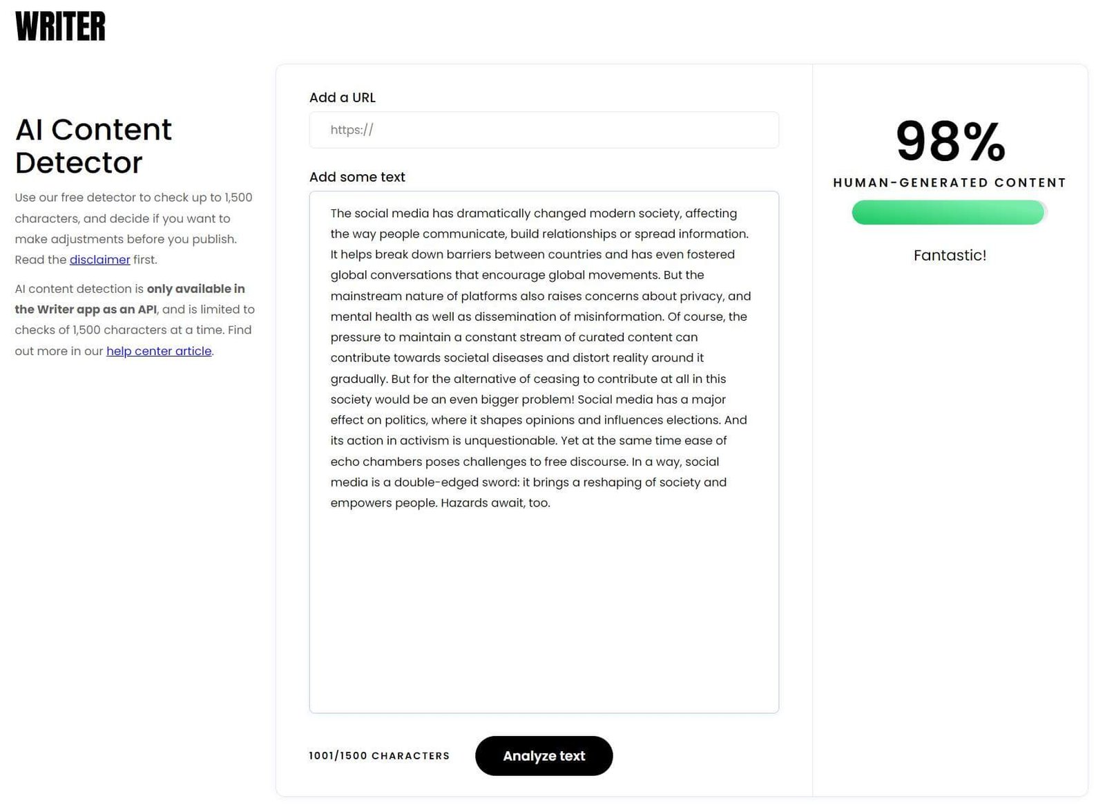 Writer.com detect text from BypassGPT AI humanizer
