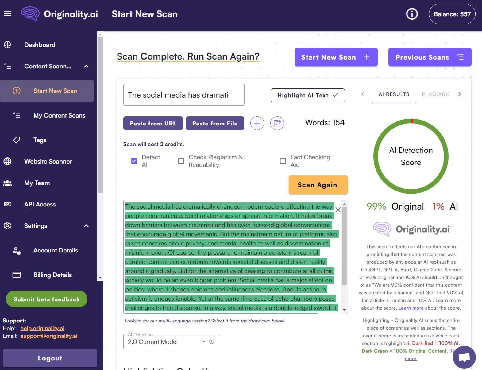 Originality.ai detect text from BypassGPT AI humanizer