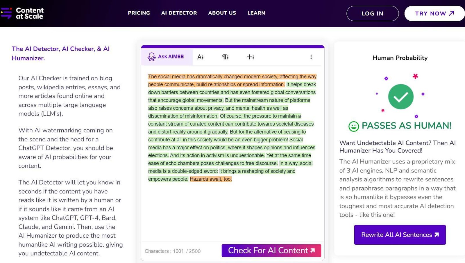 Content at Scale detect text from BypassGPT AI humanizer